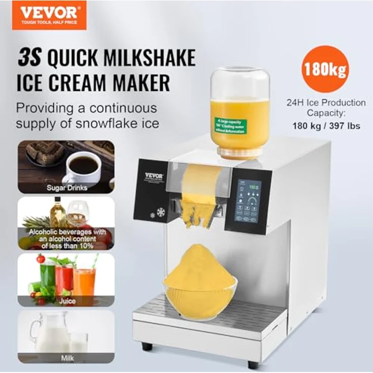 VEVOR Kommerzielle Schneeflocken-Eismaschine Schneeeisbereiter, 180 kg/24 h Edelstahl-Eisrasierer, elektrischer Schneekegel-Maker mit Flüssigkeitskühlsystem & Touch-LCD – Bild 2