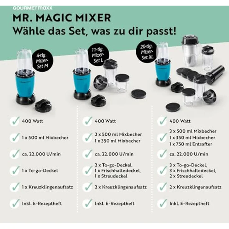 GOURMETmaxx Mr. Magic Power 400 Pro, Standmixer mit 400 Watt, Zubehörset L für Shakes und Smoothies, 3 Mixbecher in 2 Größen – Bild 8
