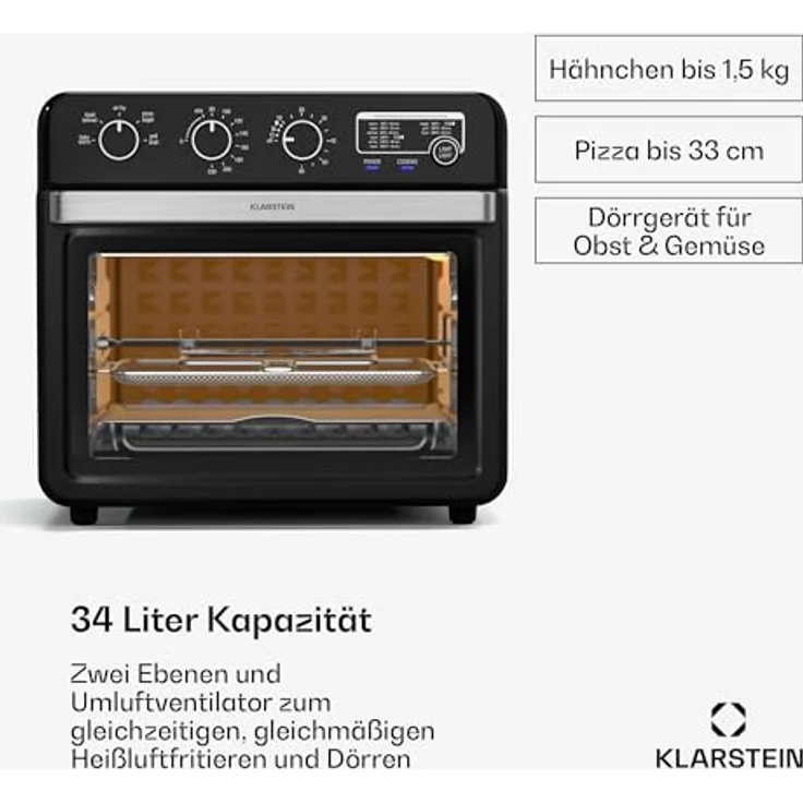 Klarstein AirGlaze Heißluftfritteuse – 34 L, 2000 W, 9 Programme, Rotisserie, Panoramascheibe, Schwarz – Bild 2