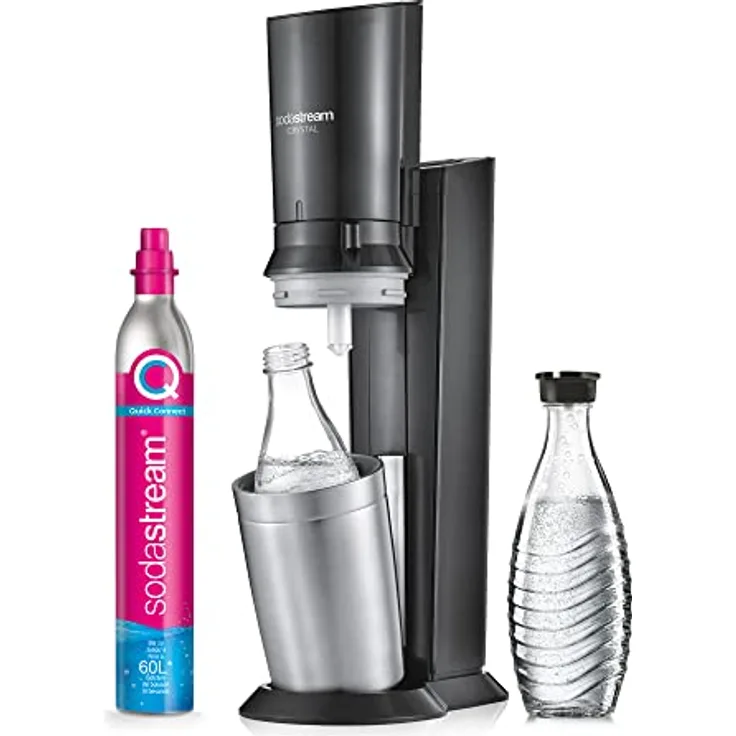 SodaStream Crystal 3.0 Wassersprudler mit 1x Quick-Connect CO2-Zylinder und 2X Glaskaraffen, Silber, Schwarz, Titan, 45 cm