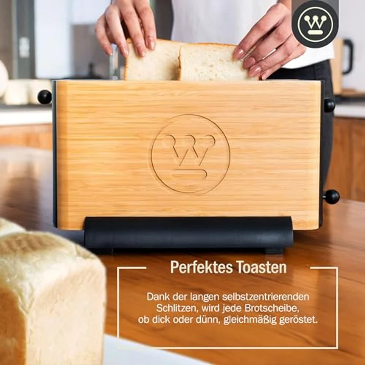 Westinghouse Bambus Toaster 2 Scheiben mit Brötchenaufsatz, 6 Bräunungsstufen, Krümelschublade, 1400 Watt, Bambus-Design. – Bild 2