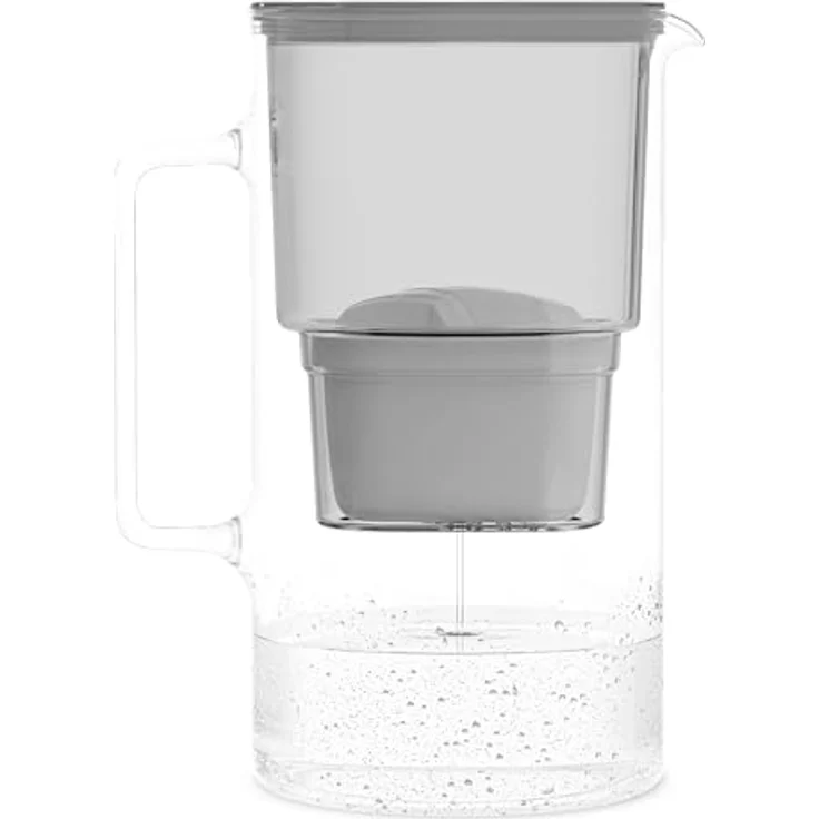 Wessper Crystaline Wasserfilterkanne aus Glas 3L, kompatibel mit Brita Maxtra, inklusive 1 Wasserfilter-Kartusche, reduziert Kalk und Chlor, Grau – Bild 1