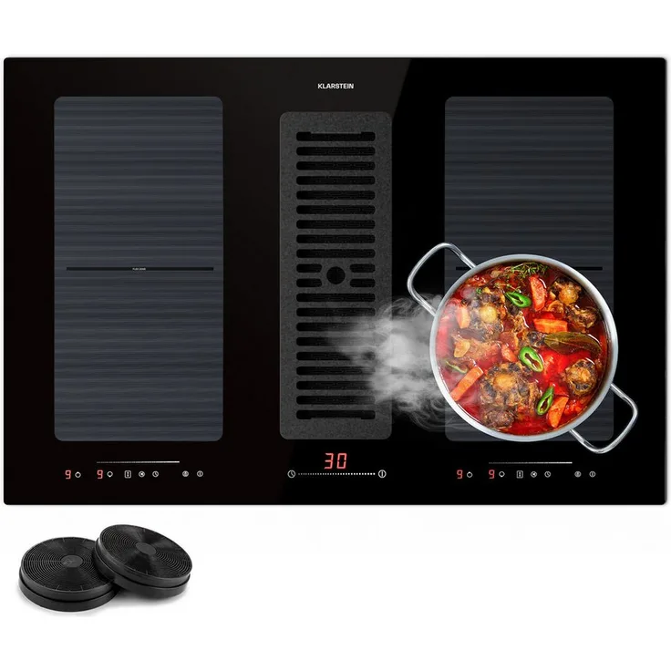 Klarstein Induktions-Kochfeld CGCH3-F.H.1.Gen-77BK, Kochfelder mit Abzugshaube Induktion Hob 2 Flex 4 Zonen, DownAir System, schwarz