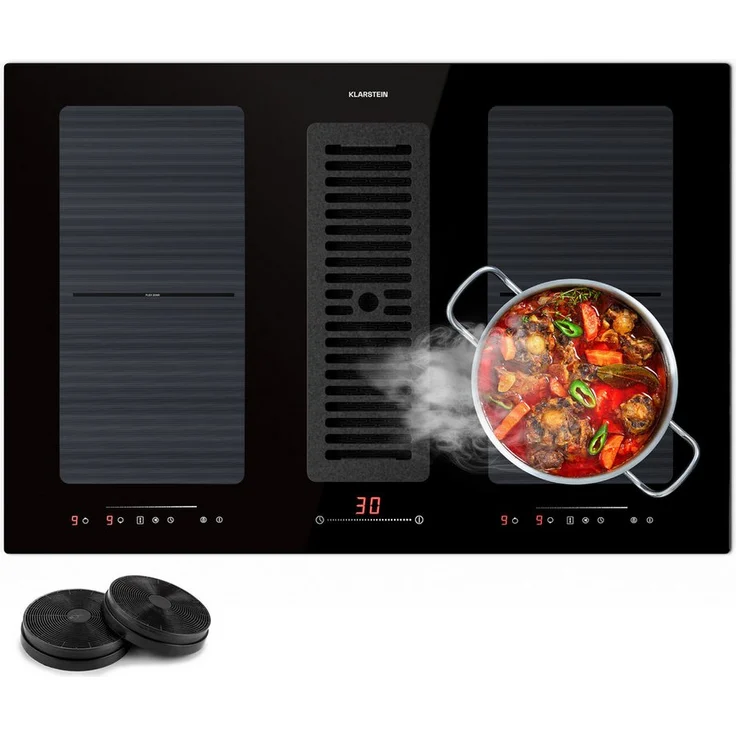 Klarstein Induktions-Kochfeld CGCH3-F.H.1.Gen-77BK, Kochfelder mit Abzugshaube Induktion Hob 2 Flex 4 Zonen, DownAir System, schwarz