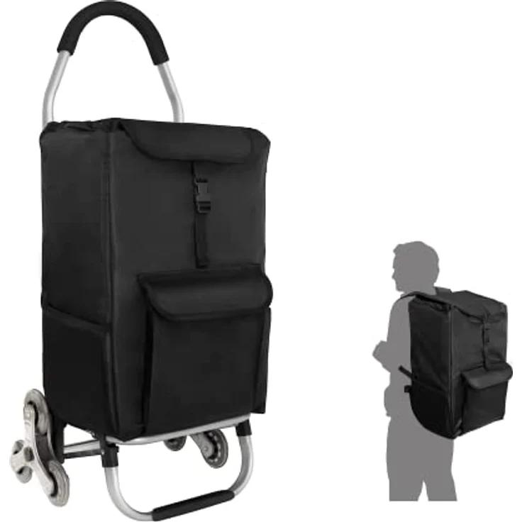 Ribelli Einkaufstrolley schwarz Einkaufswagen hochwertiger Aluminium Rahmen – Klappbarer Einkaufsroller Einkaufsroller – als Rucksack Tragetasche nutzbar – 3+3 Radsystem Treppensteiger– bis 45 kg – Bild 2