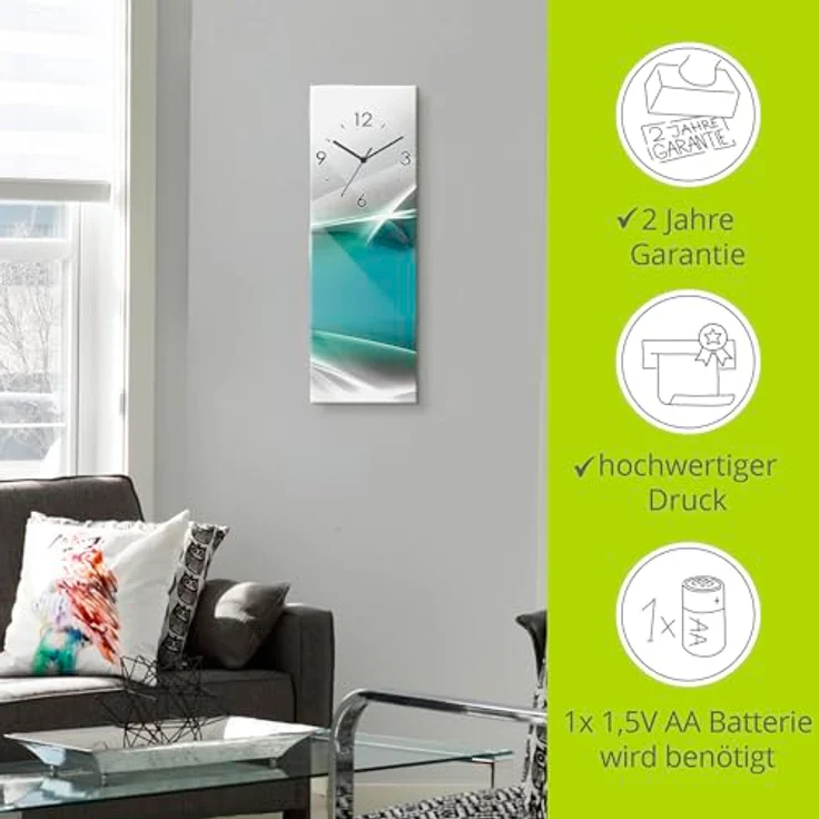 ARTLAND Wanduhr ohne Tickgeräusche Glas Funkuhr 20x60 cm Rechteckig Lautlos Design Abstrakt Kunst Modern Ausgefallen Kreativ T9FA – Bild 3