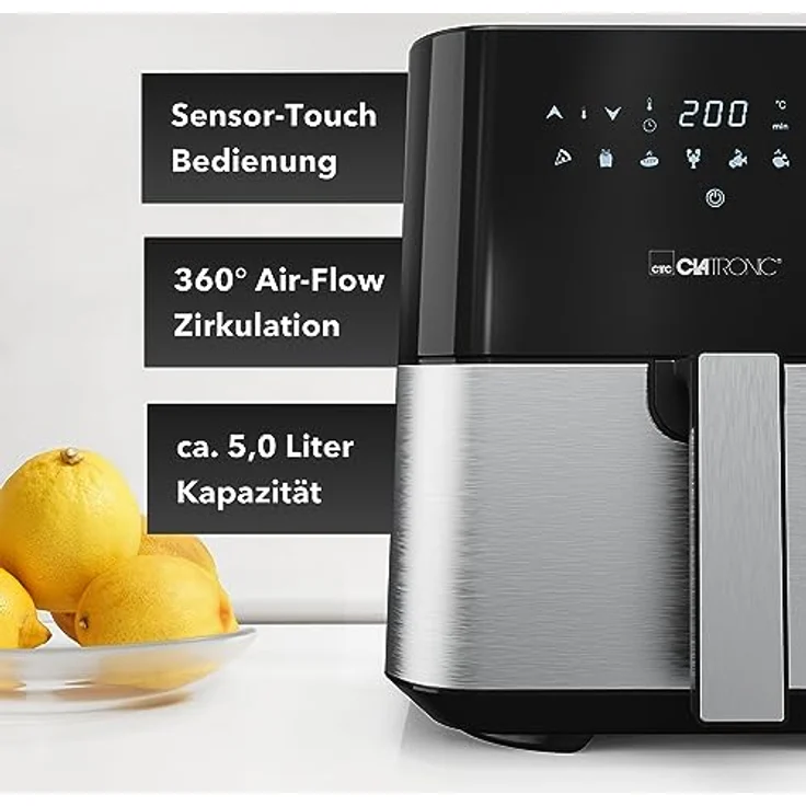 Clatronic FR3782H Heißluftfritteuse, 1450 Watt, 5 Liter, Thermostat, antihaftbeschichtet, Display, schwarz, silber – Bild 3