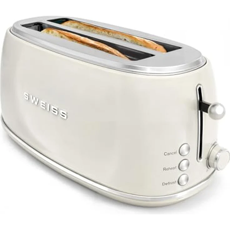 SWEISS Toaster GRV8 Vintage, 2 Schlitze, 6 Leistungsstufen, Baguett-Funktion, beige, 1500 W, mit Krümelschublade und Bambuszange – Bild 3