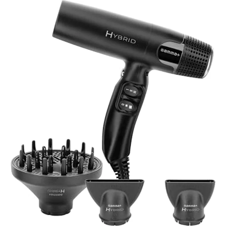 GAMMA+ Ionischer Hybrid-Fön, 100.000 U/min, leicht & leise, 2 Düsen, 1 Diffusor (Mattes schwarz)