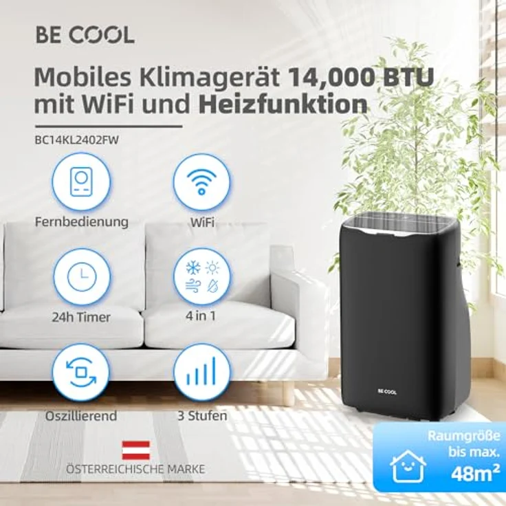 BE COOL 4in1 Klimagerät BC14KL2402FW, 14.000 BTU, Heizfunktion, WiFi-Steuerung, Fernbedienung, bis 125 m³, schwarz – Bild 2