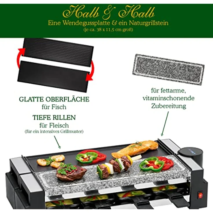 Clatronic RG 3678, 2in1 Raclette-Grill, Naturgrillstein & Wendegussplatte, 180°-Drehgelenk, 8 Pfännchen - 8 Holzspachtel, Auch als 4-Personen-Raclette verwendbar, Antihaftbeschichtung, 1200 Watt – Bild 4