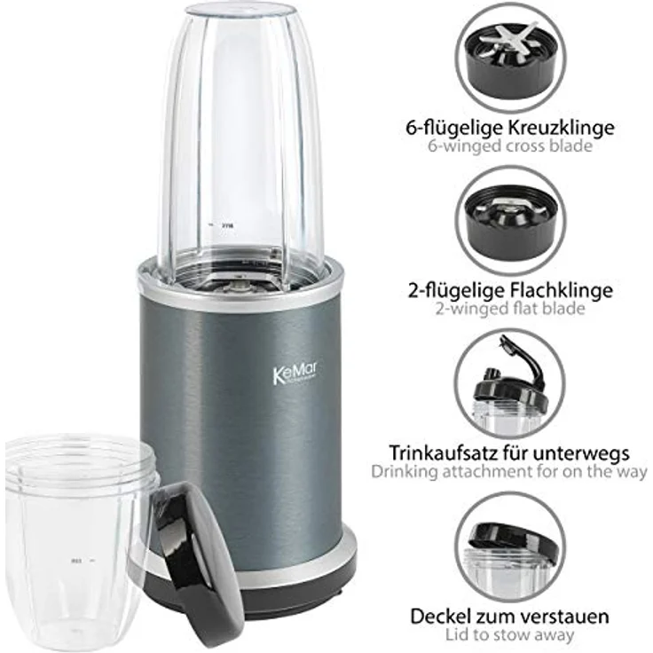 KeMar Standmixer (1000W, Anthrazit) Smoothiemaker, inkl. 2go Bechermit Sporttrinkdeckel, & 2 Klingen, 50ml Grinder -eloxierte Oberfläche - Mixer ice crush Funktion - cremige Smoothies & Milkshakes – Bild 3