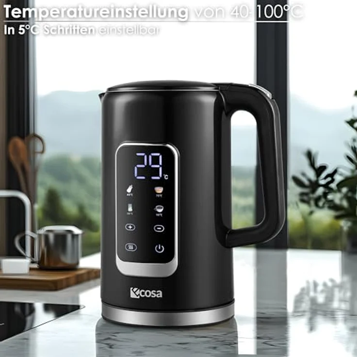 ecosa Wasserkocher Edelstahl mit Temperatureinstellung 1,7 Liter 2200 Watt Teekocher LED Display Warmhaltefunktion Water Kettle (Silk Schwarz) – Bild 4