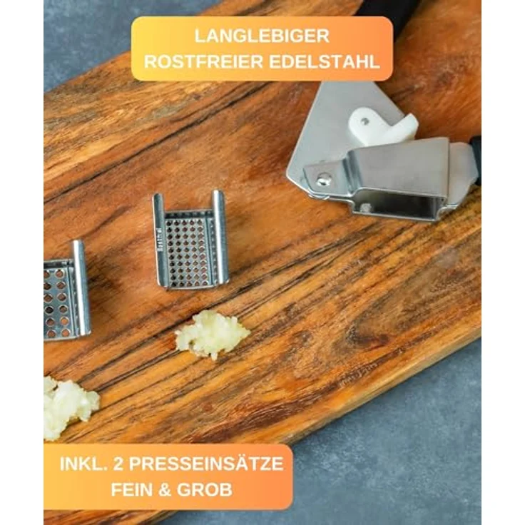 Thiru Premium Knoblauchpresse - 2 Edelstahl Einsätze für feines & grobes Knoblauchhack - Ideal für Ingwer, Zwiebeln & Kapern - Kein Schälen notwendig - inkl. E-Book mit 25 Rezepten - Made in Germany – Bild 4