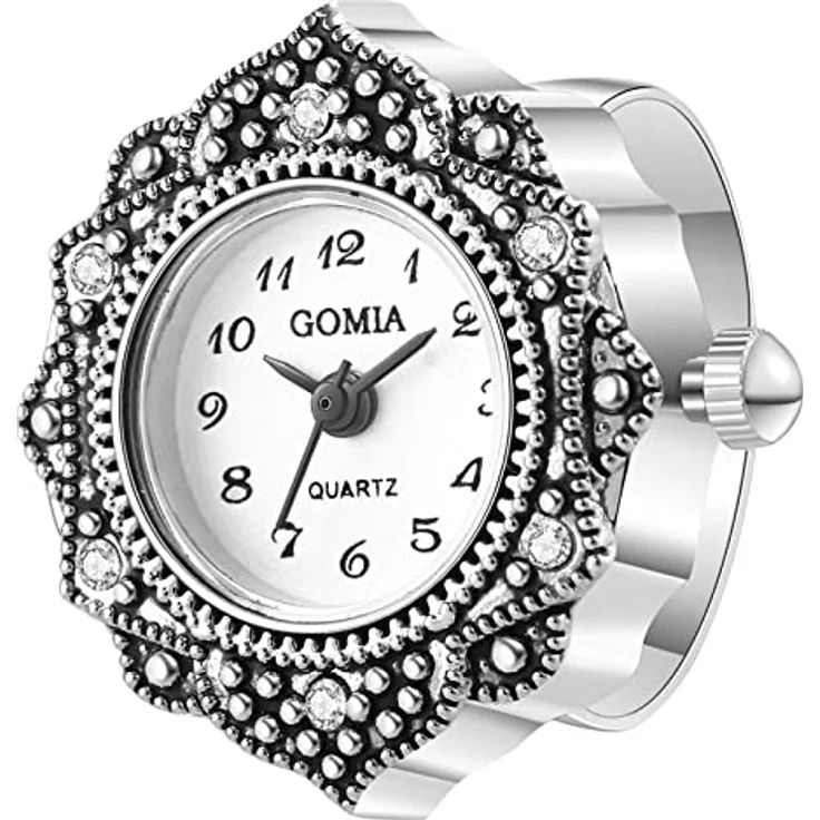 JewelryWe Ringuhr Damen, Analog Quarz, Retro mit Blumenmuster, Edelstahl, Verstellbar, Weißes Zifferblatt, Silber Gehäuse, 3ATM Wasserdicht – Bild 1