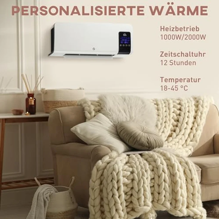 HOMCOM Heizlüfter zur Wandmontage 2000W, Keramik-Wandheizung mit Fernbedienung, Schwenkfunktion, LED-Display und 12h Timer, für Wohnzimmer, Schlafzimmer und Badezimmer – Bild 3