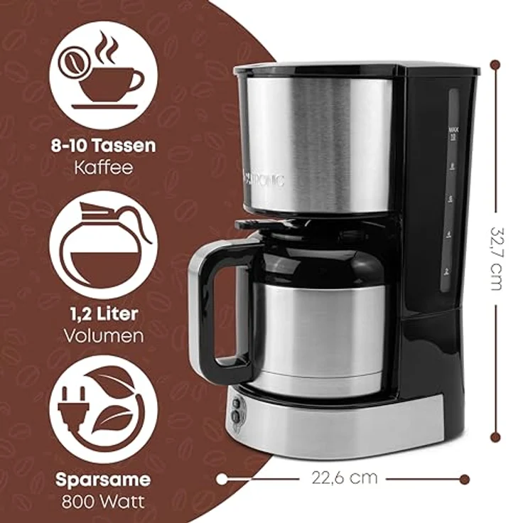 Clatronic® Kaffeemaschine mit Thermoskanne für 8–10 Tassen Kaffee (ca. 1,2L) | Filterkaffeemaschine Edelstahl | doppelwandige Thermoskanne | kein Temperaturverlust | Kaffeemaschine 800W | KA 3805 – Bild 2