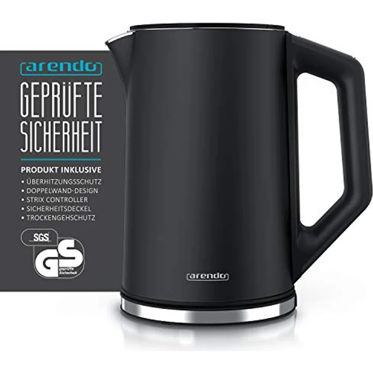 Arendo Edelstahl Wasserkocher mit Temperatureinstellung 40-100 Grad in 5er Schritten - Doppelwand Design - Modell ELEGANT - 1,5 Liter - 2200 W - Teekocher mit Temperaturanzeige - GS - Schwarz – Bild 2