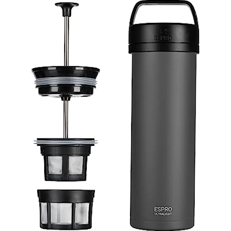 ESPRO Reise French Press Ultralight, Mini Coffee Maker mit Thermo-Funktion, 475ml, grau