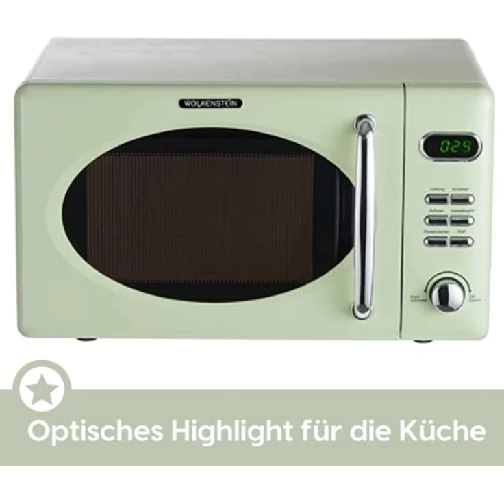 PKM WOLKENSTEIN Mikrowelle WMW720, Retro, Standgerät, 700 Watt, grün, 20 Liter Garraum, 8 Automatik-Programme, Drehteller, 60 Min Timer, Kindersicherung – Bild 5