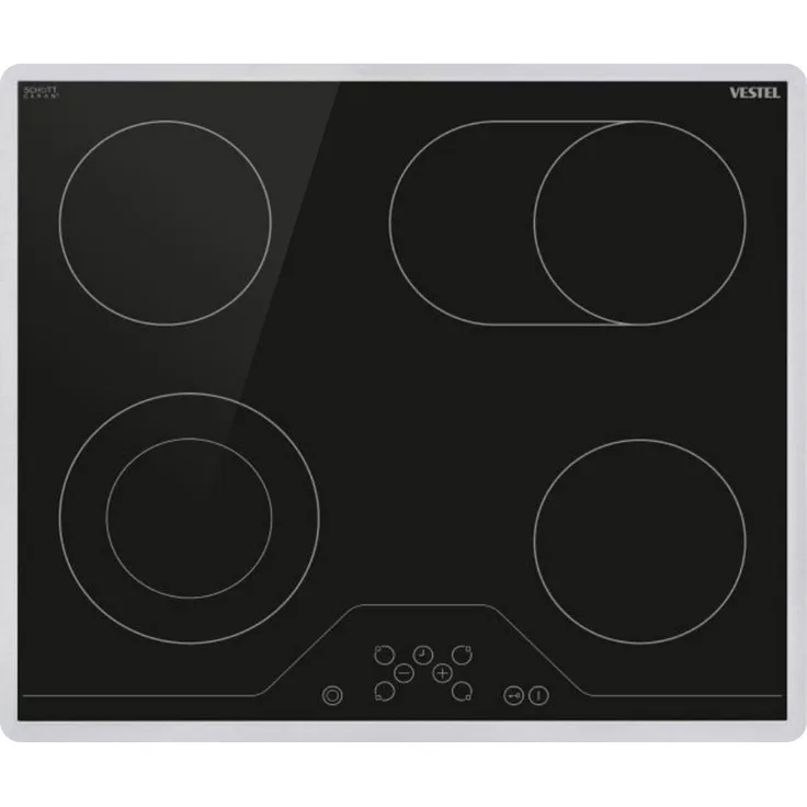 VESTEL VEA24056 Elektro-Kochfeld, Glaskeramik, 60 cm, Zweikreiszone, Bräterzone, Edelstahlrahmen, schwarz