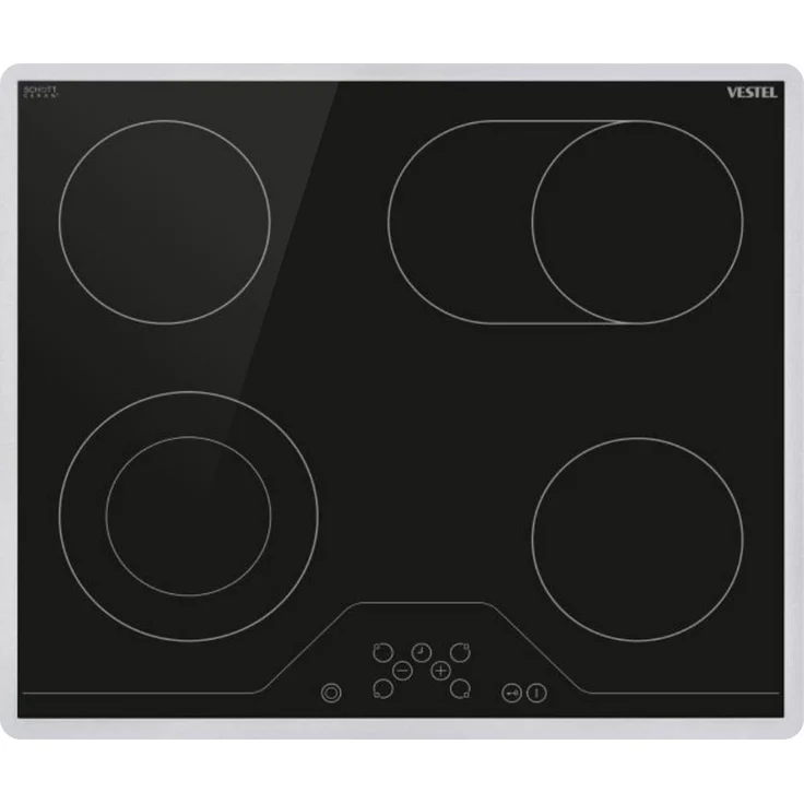 VESTEL VEA24056 Elektro-Kochfeld, Glaskeramik, 60 cm, Zweikreiszone, Bräterzone, Edelstahlrahmen, schwarz