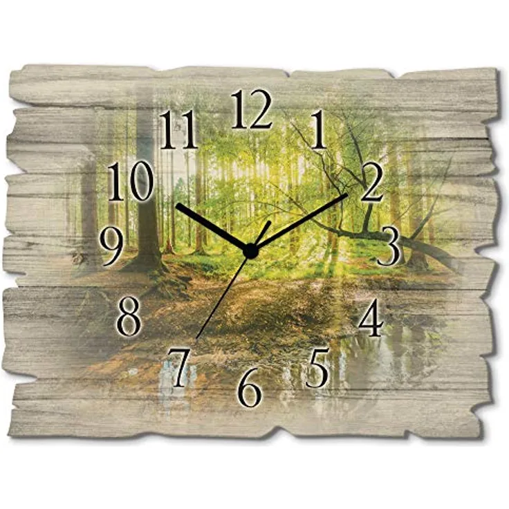 ARTLAND Wanduhr ohne Tickgeräusche aus Holz Funkuhr 40x30 cm Rechteckig Lautlos Wald Landschaft Bach Sonne Natur Design Originell Nordic T9IO