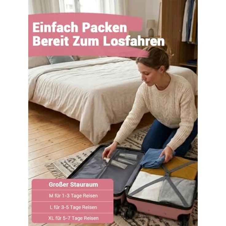 Shavont Kofferset 3-teilig, Hartschalenkoffer aus ABS mit Handgepäck Koffer 55x40x20 cm, Mittelgroßer Koffer L und Großer Koffer XL, Trolley mit 4 leisen 360° Doppelrollen, Rosa – Bild 4
