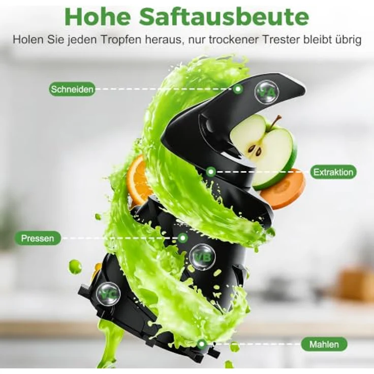 YASHE Slow Juicer, 300W Entsafter mit 148 mm Einfüllschacht für ganze Früchte, BPA-frei, ideal für Nussmilch & Saft, leicht zu reinigen – Bild 5