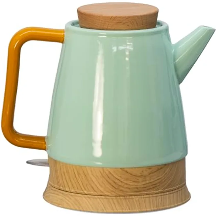 Kvota Elektrischer Keramik Wasserkocher 1,5 L mint/holz – mit echtem Holzdeckel, 360° drehbarem Sockel, LED-Betriebsanzeige, BPA-frei, Trockengehschutz, Retro Design