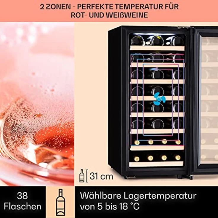 Klarstein Barossa 38 Uno Weinkühlschrank, freistehend, schwarz, 38 Flaschen, 1 Temperaturzone, Touch-Display, Energieklasse F – Bild 4