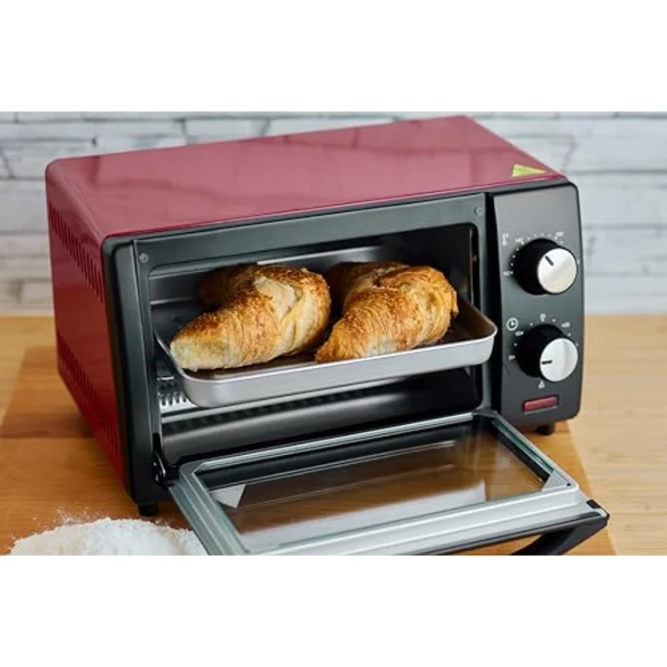 Girmi FE10 Elektrischer Ofen, 800 W, 10 Liter, Edelstahlrost, Einstellbarer Thermostat, 60-Minuten-Timer, Inklusive Zubehör, Schwarz/Rot. – Bild 3