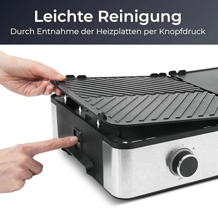 KLAMER Elektrogrill, antihaftbeschichtete und abnehmbare Duo-Platten, separate Temperatureinstellung, 5 Grillstufen, mit Wind-/ Spritzschutz & Auffangschale, 2400 Watt Leistung, Tischgrill – Bild 5