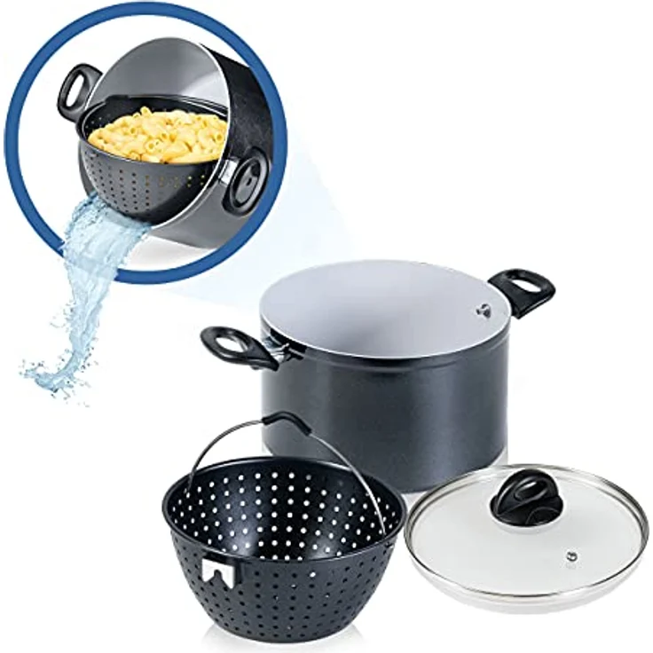 Genius Cerafit Magic Pot Kochtopf-Set 24cm - Topf 6,4l mit Siebeinsatz & Glasdeckel für einfaches Kochen, Abgießen & Servieren | keramikbeschichteter Nudeltopf für alle Herdarten, Schwarz, A24662 – Bild 1