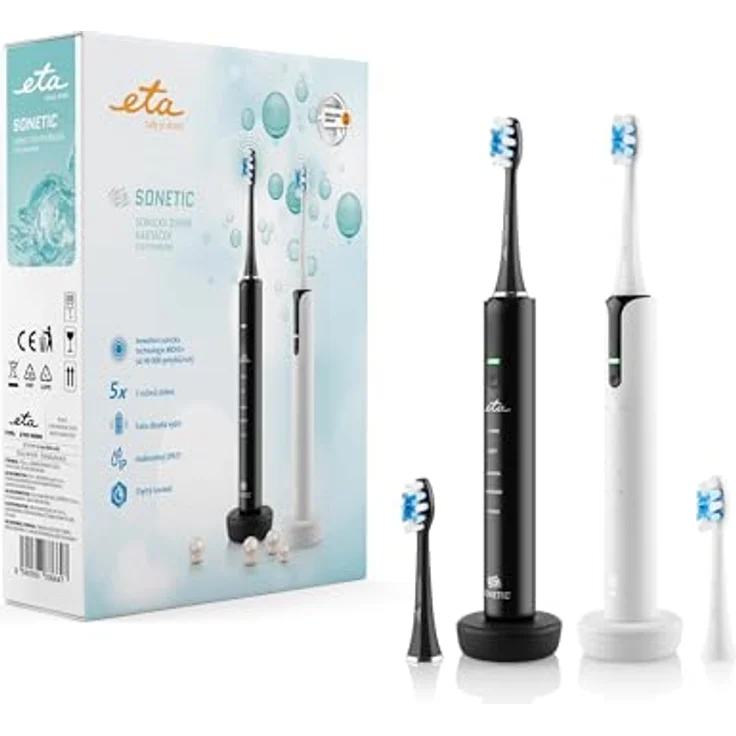 ETA Schallzahnbürsten-Set Sonetic I Elektrische Schallzahbürste Doppelpack I 5 Reinigungsmodi I Timer I IPX7 I Ladeständer I 4 Ersatzköpfe I Schwarz Weiß – Bild 1