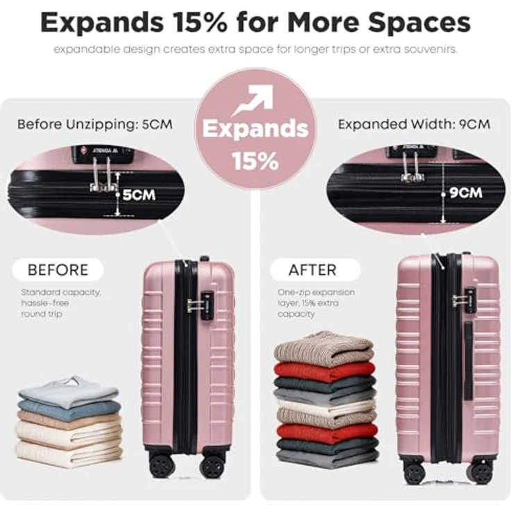 YONSLY Suitcase Reisekoffer XL, Erweiterbarer Hartschalenkoffer mit TSA-Schloss und YKK-Reißverschluss, Roségold, 360° Rollen – Bild 3