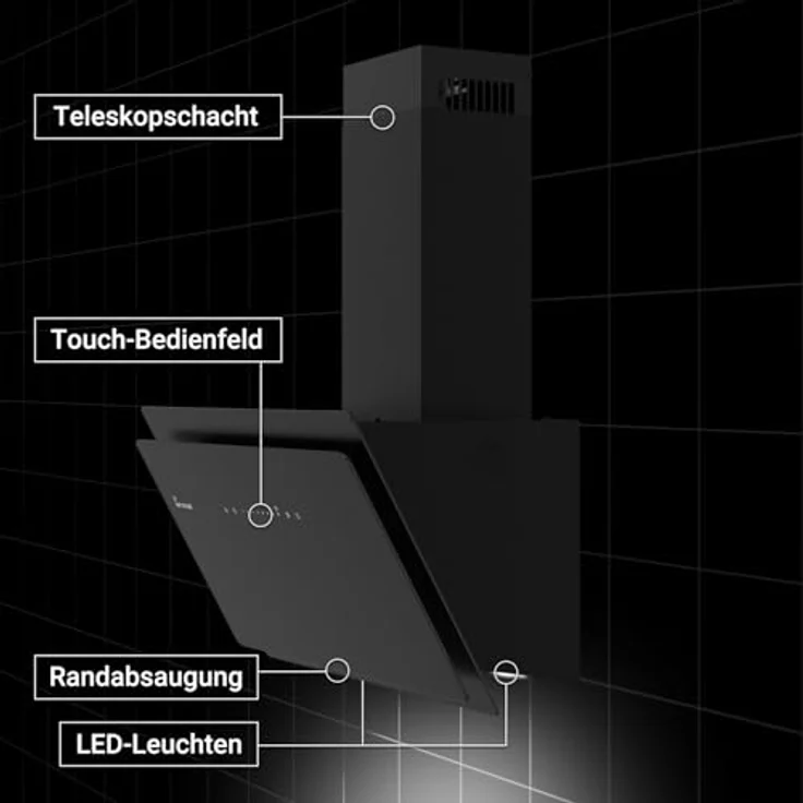 KKT KOLBE SOLO6005S, Dunstabzugshaube 60 cm, A+++, 782 cbm/h, Umluft/Abluft, Kopffrei, Schwarz, Glas, Nachlaufautomatik, SensorTouch, LED-Beleuchtung – Bild 3