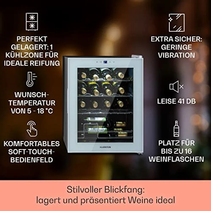 Klarstein Shiraz 16 Quartz Weinkühlschrank, freistehend, Quartz, 16 Flaschen, Touch-Bedienfeld, 5-18 °C, Energieklasse G – Bild 3