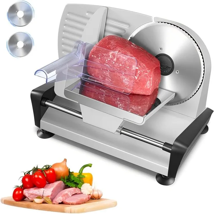 FOHERE Allesschneider mit 2 abnehmbaren Edelstahlklingen, 200 W, einstellbare Dicke bis 15 mm, rutschfeste Saugnapffüße, silber