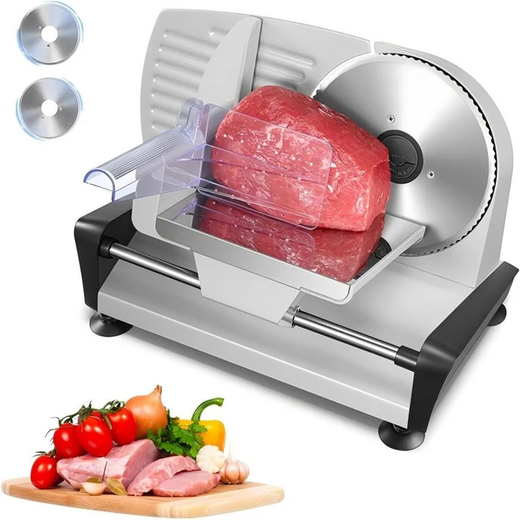 FOHERE Allesschneider mit 2 abnehmbaren Edelstahlklingen, 200 W, einstellbare Dicke bis 15 mm, rutschfeste Saugnapffüße, silber