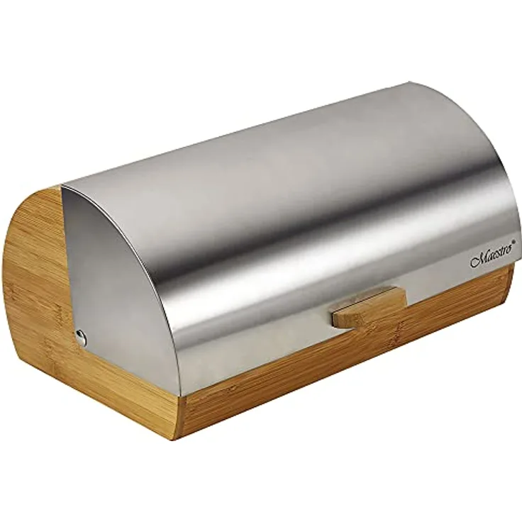 Maestro MR-1673S Brotkasten, Schiebedeckel, Brot-und Gebäckaufbewahrungsbehälter, Elegantes Design, Edelstahl, Holz, Bread Box, Grau, 37 x 22 x 17 cm