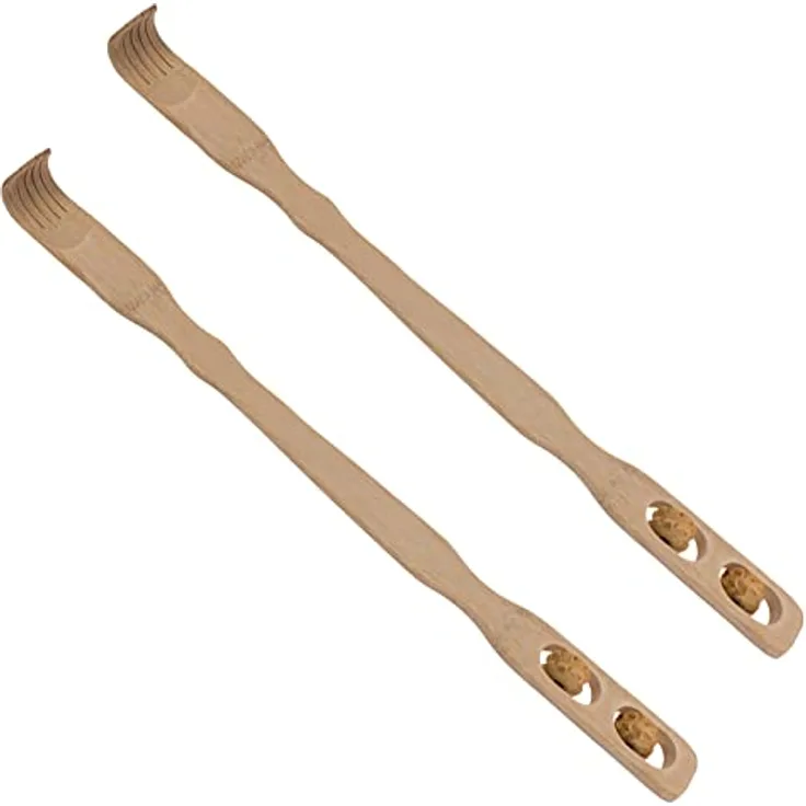 2er Set Rückenkratzer mit Massagerollen Bambus Kratzhilfe 46 cm Kratzhand Rücken Kratzer Rückenmassage