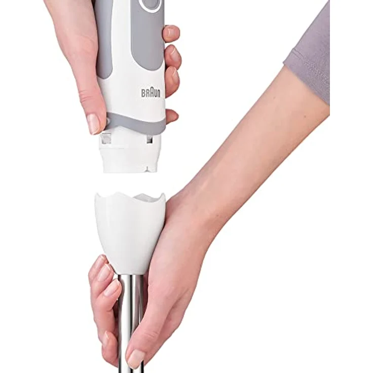 Braun MQ5207WH 5V MultiQuick Stabmixer,1000W, 21 Geschwindigkeiten, POWERBell Plus, EasyClick, SPLASHControl, inkl. Schneebesen, Messbecher, Gemüsestampfer, weiß-grau – Bild 4
