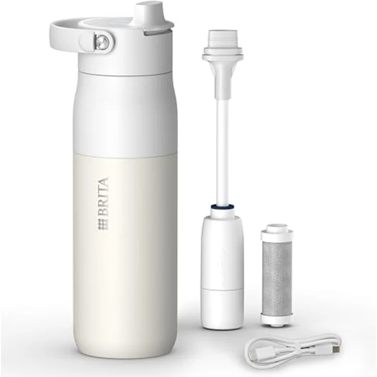 BRITA LARQ iQ Digitale Filter Trinkflasche, 680 ml, weiße Edelstahlflasche mit Hydration Tracking (App), Aktivkohle Wasserfilter & UV-C, neutralisiert 99,99% Bakterien, spülmaschinengeeignet, mit Strohhalm und abnehmbarem Henkel – Bild 1