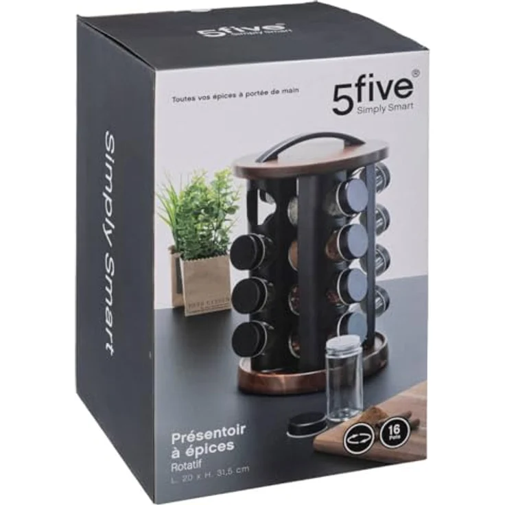 5 five simply smart Topfgewürze x16 Drehakazie, 16 Stück Secret de Gourmet Gewürzgläser, drehbarer Ständer aus Akazie, Modell Schwarz – Bild 3