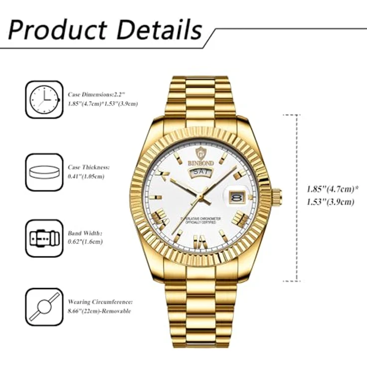 JewelryWe Herrenuhr Edelstahl Analog Quarz mit 30m Wasserdichtigkeit, Leuchtzeigern und römischen Ziffern, Gold Armband – Bild 3