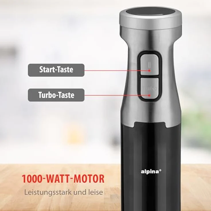 Alpina Stabmixer mit Zerkleinerer, 1000,00 W, Inklusive Messbecher und Schneebesen, Schwarz/Silber – Bild 6