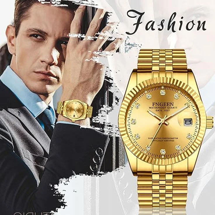 JewelryWe Edelstahl Armbanduhr Herren, Wasserdicht, Analog Quarz mit Leuchtzeigern und rundem goldfarbenem Zifferblatt, Datum Kalender, Geschenkbox – Bild 4