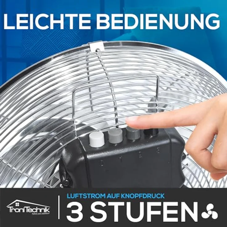Tronitechnik® XL Windmaschine mit 45 cm Ø | Ventilator verstellbarer Winkel | Bodenventilator 3 Stufen | Ventilator leise aus Metall | Luftkühler | Standlüfter | Raumkühler – Bild 3