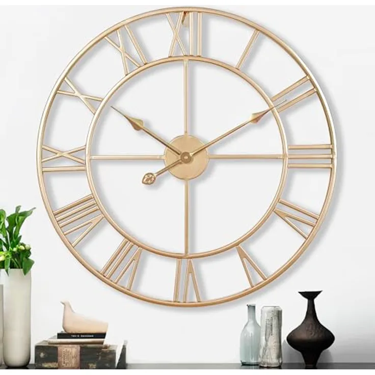 Samilito Große Wanduhr im Vintage-Stil, rund, geräuschlos, Gold, inklusive Extraset Uhrzeiger in Schwarz, 60 cm